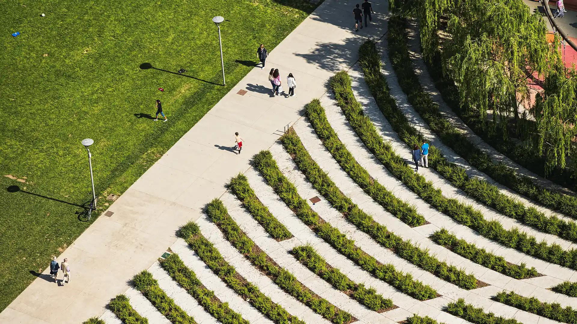 Vista aerea di parco urbano con geometrie paesaggistiche